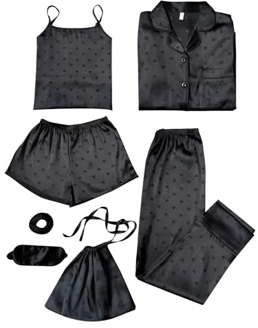 Jamron Filles 7PCS Satin Ensemble Pyjama Top & Pantalon Shorts Vêtements de Nuit Coeur Noir-2 SN07655-2 150CM