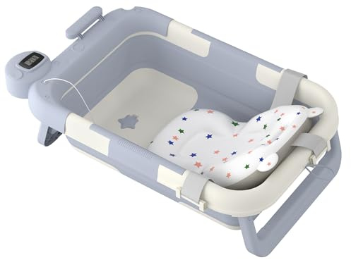 FIVMEN Babybadkar vikbar babybadkar med ram, termometer och badkudde halkfri bärbar för nyfödda småbarn, ljusblå