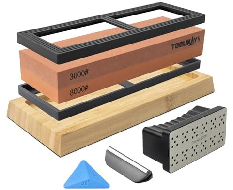 TOOLMAYS Knife Sharpening Stones Set, Dual Sided 3000/8000 Grit Whetstone Knife Sharpener with Non-Slip Bamboo Base, Flattening Stone, Triangular Sharpening Stone Angle Guide
