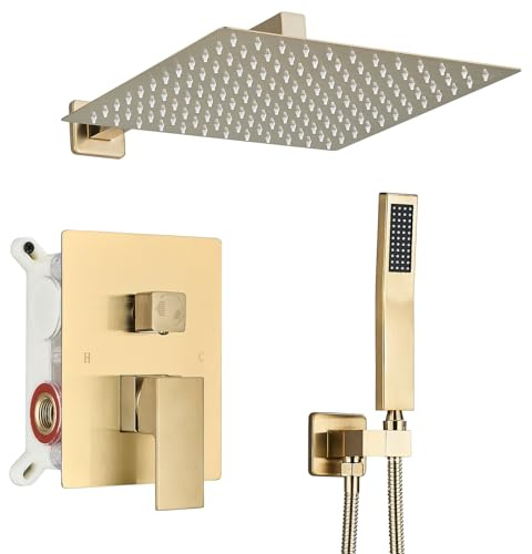 Shower Faucet Rain Shower System with 12 Inches Rainfall Shower Head and Handheld Spray Combo Bathroom Shower Faucet Set Complete Brushed Gold Shower Valve and Trim Kit Wall Mounted