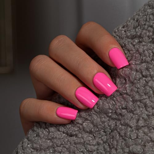 KQueenest Press on Nails Kurz Mittel – Sheer Heiß Rosa Nägel zum Aufkleben, Einfarbig Eckig Fake Nails Neon Pink, Sarg Künstliche Nägel Set für Frauen & Mädchen, 28 Stück