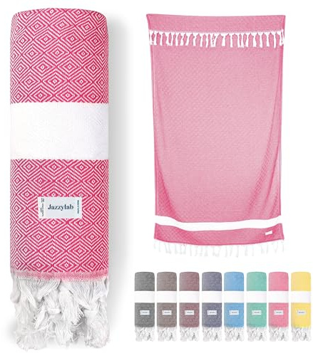jazzylab ELMAS Peshtemal Hammam | Telo turco in puro cotone con motivo a quadri classico | Leggero, assorbente e compatto | Ideale per spiaggia, bagno, spa o viaggio | 90x180 cm - Rosa