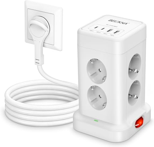Tour Multiprise avec 8 Sortie AC et 4 Ports USB, Prise Plate avec Interrupteur Individuel, Adaptateur Secteur 3680W avec Interrupteur et Rallonge 2M, Mult Prise Convient pour Bureau et Maison