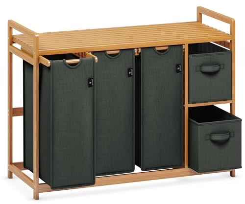 AdelDream Wäschekorb 190L,5 Fächer Wäschesammler mit Ablage, Bambus | Wäschesortierer mit 3 x 50L Säcken, 2 x 20L Boxen, abnehmbar, Dunkelgrau