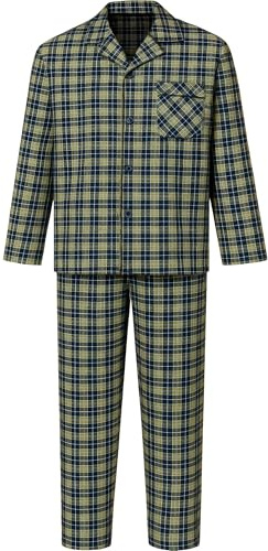Mens Checked Pyjama Set Traditional Woven Sleeping Nightwear Top & Bottom Pyjamas Check Trousers & Shirt Set Pjs, Olive Black, M