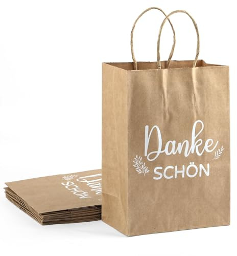 10 Stück Klein Dankeschön Papiertüten mit Henkel, 21x15x8cm Mitgebsel Tüten | Kraftpapier Geschenktüten für Dankeschön Geschenke Party Hochzeit Geburtstag Einschulung Taufe Konfirmation