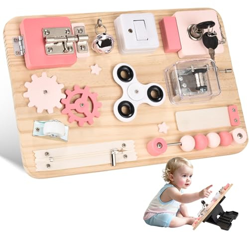 Potatomato Pink Montessori Wooden Busy Board – Sensory Toy for Toddlers – Educational Activity Board for Kids Fine Motor Skills– Travel Fidget Toy for Girls & Boys – Birthday Gift for Autism & ADHD