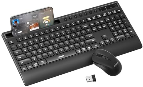 seenda Bluetooth Keyboard and Mouse Combo, COE201 Multi-Device Ergonomic Keyboard Mouse with Phone Holder, Full Size Wireless Quiet Combo Compatible for Windows, Laptop, MacBook, PC, iPad - Black
