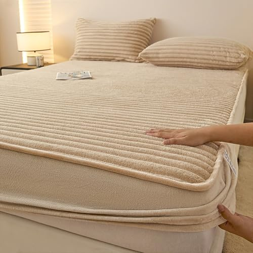 HAIBA warmes Flanell Spannbettlaken 180 x 200 cm Khaki Matratzenbezug | warmer Fleece bettlaken Weichheit und kuschelige 30cm tiefe Tasche mit Randgummi für Boxspringbett Wasserbett
