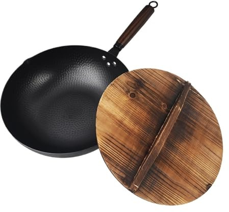 Padella wok in acciaio al carbonio da 32 cm, con coperchio in legno, fondo piatto non rivestito, padella cinese per induzione elettrica a gas, tutte le stufe
