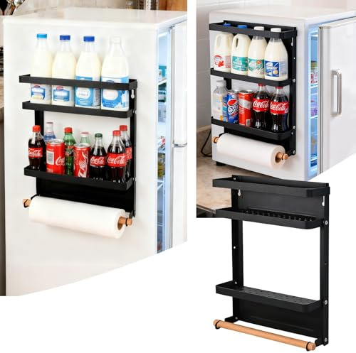 MiToBeLe Foldable Magnetic Mini Fridge Organizer Shelves, Dorm Fridge Shelf,Mini Fridge Storage,Mini Fridge Shelf for Dorm,Mini Fridge Organizer for Dorm,Magnetic Spice Rack for Mini Fridge,(Black)