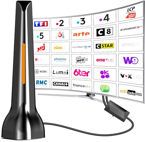 Antenne TV d'intérieur pour Smart TVs,Antenne TV Intérieure Puissante TNT avec Amplificateur de Signal à Gain Élevé,Réception Longue Portée à 360° Solide pour Signal pour chaînes locales