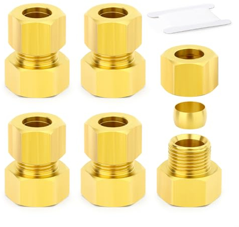 ERGAOBOY 5 Stück Messing Kompression Rohrverschraubung, 10MM Rohr OD X 1/4 BSP Innengewinde Kompression Union Gerader Anschluss