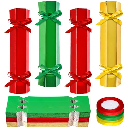 Whaline 60 Packs Christmas No-Snap Party Table Favors DIY Red Green Gold Color Christmas Paper Cracker Candy Boxes with Ribbon for Xmas Gift Stocking Stuffers Holiday Party Dinner Traditions Decor