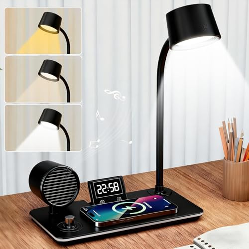 Desk Lamp with Wireless Charging,4 in 1 Dimmable LED Touch Smart Table Lamp | Reading Lamp with Bluetooth Speaker and Alarm Clock, 3 Light Modes Dimmable Eye-Caring, 360° Gooseneck for Reading, Working