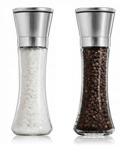 Moulin à Poivre et Sel en Acier Inoxydable Lot de 2-190ml Salières et Poivrières, Corps en Verre, Moulière Céramique, Idéal pour Sel, Poivre, Épices, Lave-Vaisselle (Épices non incluses)