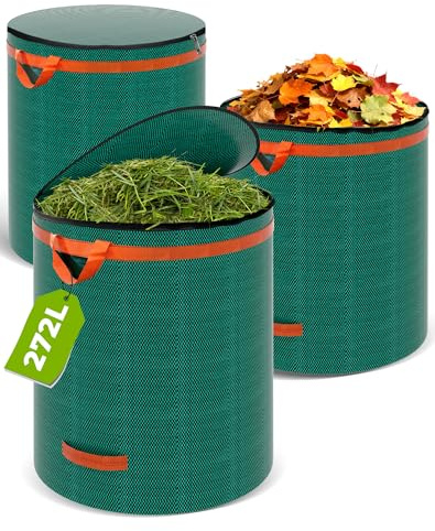 LAOYE 3x Gartenabfallsack Stabil mit Deckel 272L Laubsack Groß Gartensack Selbststehend Grünschnittsack Grünabfallsäcke Garten Abfallsack für Laub Rasen