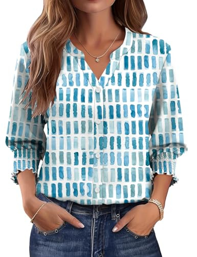Rapbin Blusa para mujer, manga 3/4, manga larga, cuello en V, parte superior, con botones, vestido de verano, camiseta