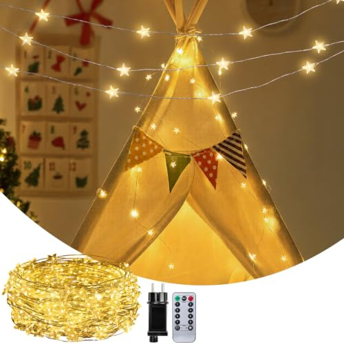 WEGRASY Lichterkette Sterne mit Stecker, 12m 120 LEDs Sternenlichterkette mit Fernbedienung, 8 Modi und Timer, wasserdichte LED Mini Sternlichter für Innen und Außenbereich, Schlafzimmer, Hochzeit