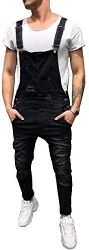 Salopette da Uomo con Jeans, Fanus Tuta di Jeans Strappati Moda Lavaggio Rotto Tasca Pantaloni Reggicalze Pantaloni Casual da Elasticizzato (L,Nero)