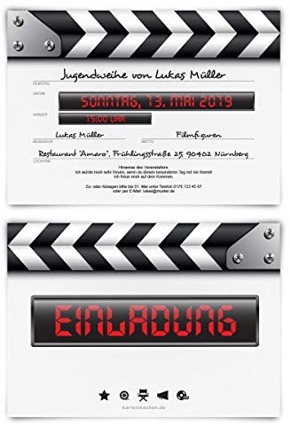 Kartenmachen.de 10 x Jugendweihe Einladungskarten individueller Text DIN A6 - Filmklappe