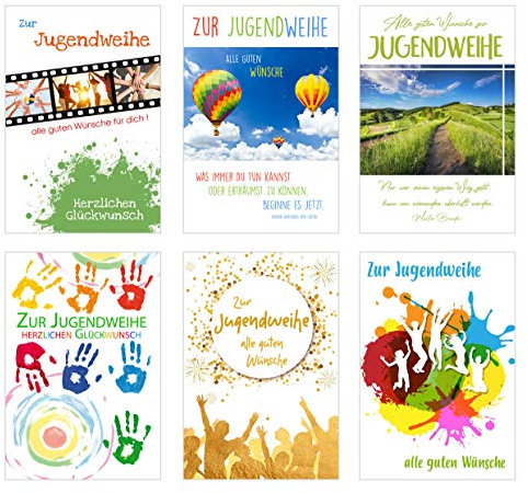 Edition Seidel Set 6 Premium Karten zur Jugendweihe mit Umschlag (Doppelkarten/Klappkarten mit Briefumschlag) Karte Postkarte Jugendweihekarten (6er Set Jugendweihe)