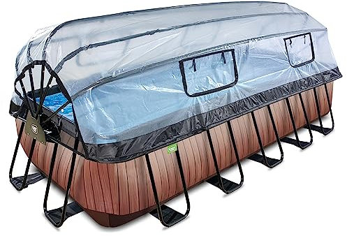 Exit Toys Wood Pool con Copertura - 540x250x122cm - Grande Piscina Rettangolare con Telaio, Pompa a Sabbia, Pompa di Calore e Scala - Piscina Extra Profonda - per Acqua Pulita e Calda - Marrone