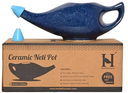 Ceramic Neti Pot Sinus Rinse Nasal Wash with Salt, Dishwasher Safe, 225 Ml. Capacity (Blue Dapple)