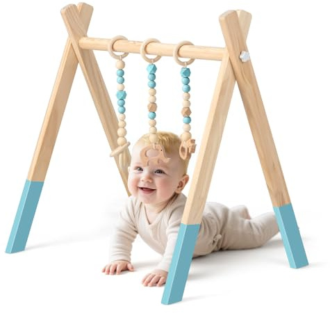 COSTWAY Baby Spielbogen Holz, Spieltrapez klappbar, Baby Gym mit 3 abnehmbaren Kinderspielzeugen, Spieltrapez für Babys über 3 Monate, Holzspielzeug zur Gehirnentwicklung (Grün)