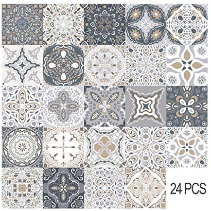 HORIWE Tile Stickers Grey Moroccan Self Adhesive Vintage Home Decor 24pcs | PVC Waterproof Oil Proof DIY Convenient Adhesive Wall Sticker Suitable for Bathroom Kitchen Backsplash Stairs 10cm/15cm/20cm