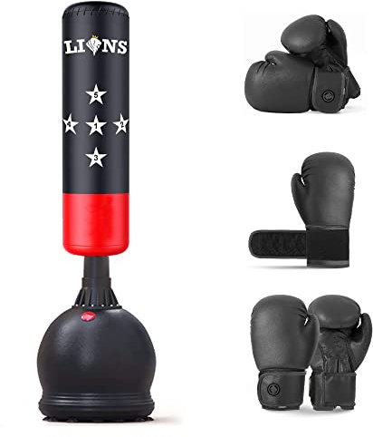 Lions Free Standing Punch Bags - Punching Thai Kick Boxing Martial Arts MMA Training Stand Sparring Fitness Exercise Set for Kids Childrens Freestanding Dummy with Boxing Gloves 6oz
