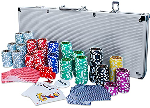 Eaxus® Deluxe Pokerkoffer - Hochwertiges Profi Pokerset mit 500 Laser Chips, Kartendecks & Würfeln