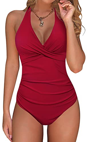 Voqeen Dam halterneck V-ringad rygglös baddräkt i ett stycke med hög midja push-up baddräkt badmode Tummy Control strandmode baddräkt, röd, XXL
