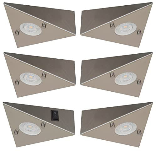 Trango - 6er Set 6739-62 LED Küchenunterbauleuchte - Aus Edelstahl-gebürstet - Inkl. 6x 4.8 Watt LED Modul - 3000K warmweiß - Dreieck Schrankleuchte inkl. Schalter - 230V - Beliebig erweiterbar