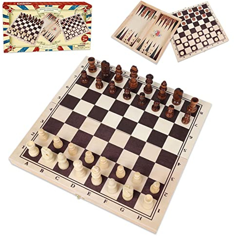 Set di giochi da tavolo 3 in 1 in legno, scacchi, dama e backgammon, classico e tradizionale, da viaggio, per bambini, adulti, anziani e famiglie