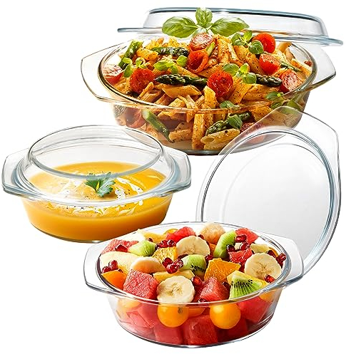 ZYER Set di casseruola in vetro rotondo, pentole in vetro con coperchio in vetro, casseruola in vetro con coperchio (set di 3-1L+1,4L+1,7L)