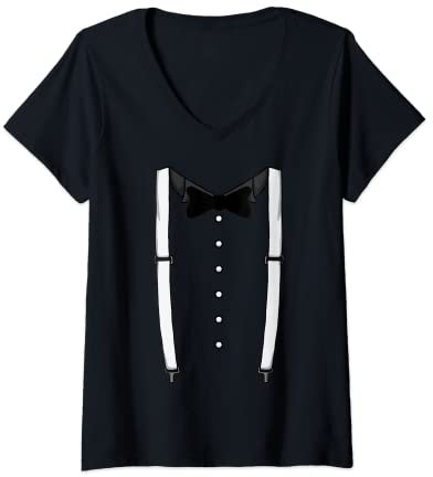 Damen Schwarze Fliege Hosenträger Kummerbund Smoking Fliege T-Shirt mit V-Ausschnitt