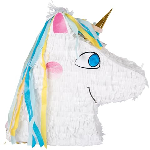 P'TIT CLOWN - 22913 - Pinata Einhornkopf - Einfache Befüllung - Zubehör Dekoration Kindergeburtstag, Kirmes, Feiern - Karton, Papier - Weiß - 39 x 40 x 10 cm