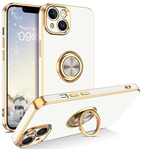 GUAGUA iPhone 14 Plus Case, iPhone 14 Plus Phone Case with 360° Ring Holder Kickstand Slim Support Magnetic Car Mount Protective Women Men Phone Cover, White