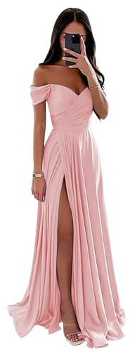 Damen Off Shoulder Satin Brautjungfernkleider Lang Split Elegant Formal Kleid Abendkleider A Linie Hochzeit Party Kleid