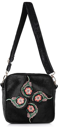 SILKAREA Crossbody Geldbörse für Frauen Kleine Crossbody Taschen Trendy Bestickte Samt Schulter Handtaschen mit verstellbarem Riemen, Schwarz
