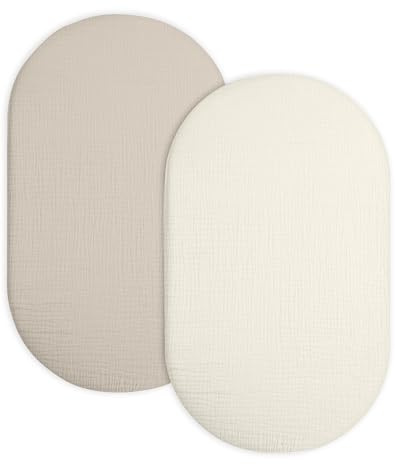 Stubenwagen-Bettlaken für Babys, Jungen und Mädchen, 2er-Pack, Spannbettlaken für rechteckige, ovale Sanduhr-Stubenwagenmatratze, Musselin-Moseskörbchen-Bettlaken mit neutralem Stil (beige und