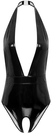 Freebily Maillot de Bain Femme Bodys String Cuir Vernis Disco Soirée Romantique Combinaison Ouverte Entrejambe Bodysuit Nightwear Cosplay S-4XL ZC Noir M
