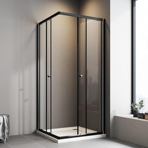 Duschkabine 90x90cm Schwarz Schiebetür Eckeinstieg Duschkabine mit Schiebetüren 6mm ESG Glas Duschschiebetür Duschabtrennung Eckeinstieg Dusche Duschwand Höhe 185cm