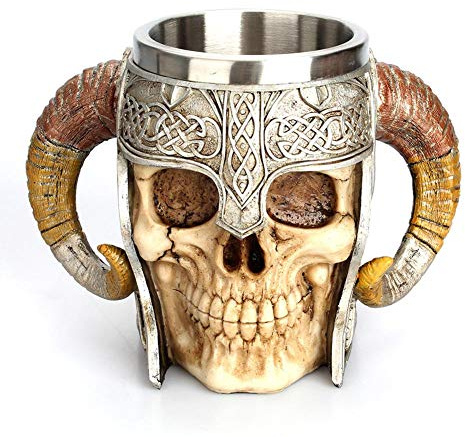 HTU 450ml Skeleton Knight Ram Horn Cup Skull Coffee Mug Creative Double Ram Horn Beer Mug Heat Resistant for Desktop Decor