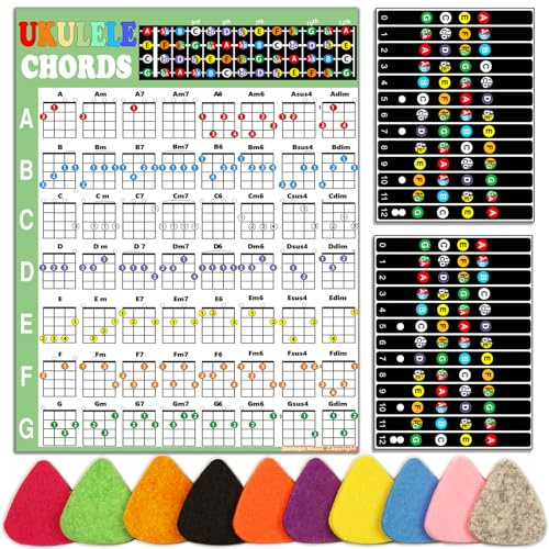 JUNLEGO Ukulélé Kit débutant : diagramme d'accords, autocollants pour touche, médiators – Vinyle noir et blanc, accessoire pour ukulélé