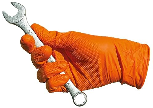 Guanti in nitrile da lavoro spessorati Confezione da 50 pezzi ARANCIO - TAGLIA XL - Guanto ambidestro monouso NITRILE, elevata resistenza meccanica, senza polvere, latex free, DIAMOND GRIP SKIDPROOF