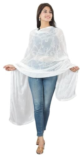 Vrnda Women's White Chikankari Chiffon Dupatta Hand Embroidered Stole Wrap