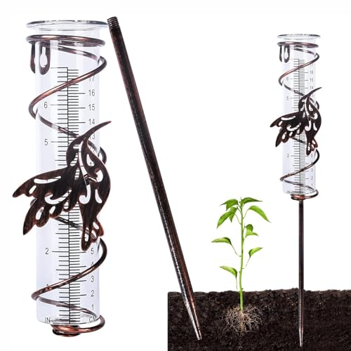 LSRVNM Rain Gauge with Stake Spiral, 7 inch Large Capacity Glass Rain Gauge Stake with Metal Tube Holder and Bird Decor, Removable Rain Gauges for Patio Lawn Garden Yard Decor Rain Catcher