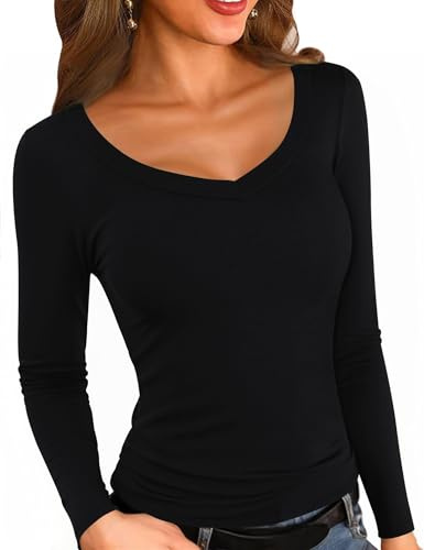 Aottori Camiseta Negro Mujer Manga Larga Basica Top Cuello Pico Camisetas Shirts Elegante Punto Acanalado Ajustado Elástico Liso Jersey Túnica Negro M